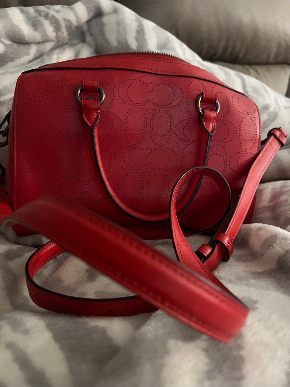 Coach Red Perforated Signature Leather Satchel - Picture 4 of 5